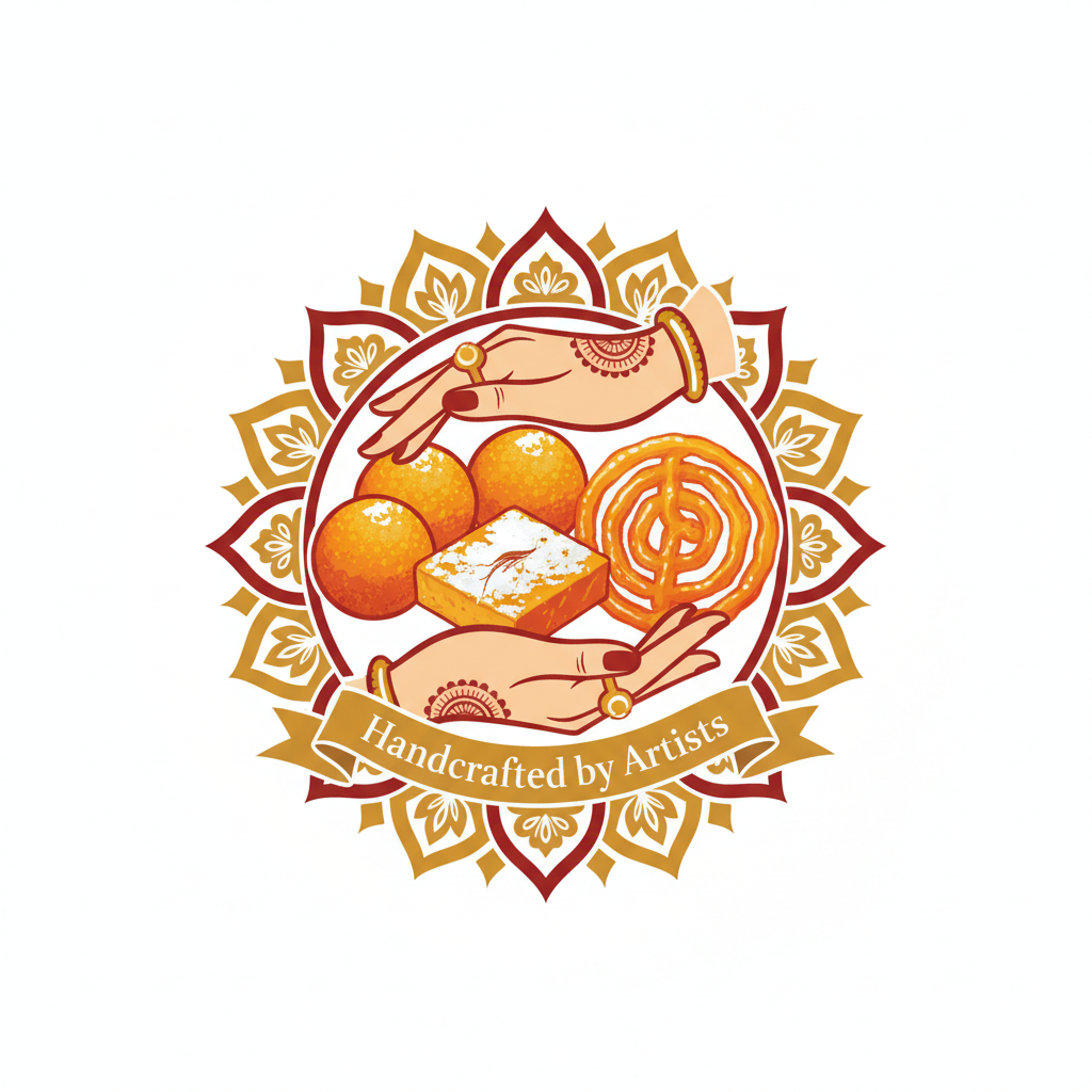 a symbol which shows indian sweets handcrafted by artists with the word handcrafted by artists written