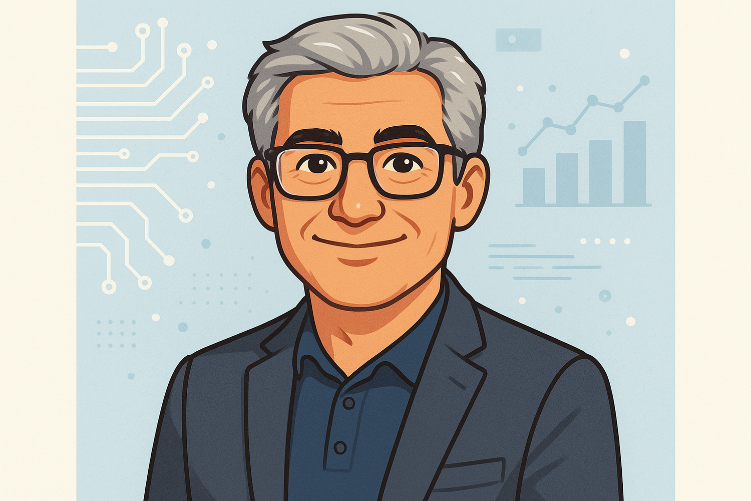 draw a cartoon profile picture off another founder who is A Ph.D. in Computer Science and Electronics with 30yrs+ experience in Multinational which helps us design, deliver, and grow our products by bringing in new ideas, data-driven insights, and technological advances.