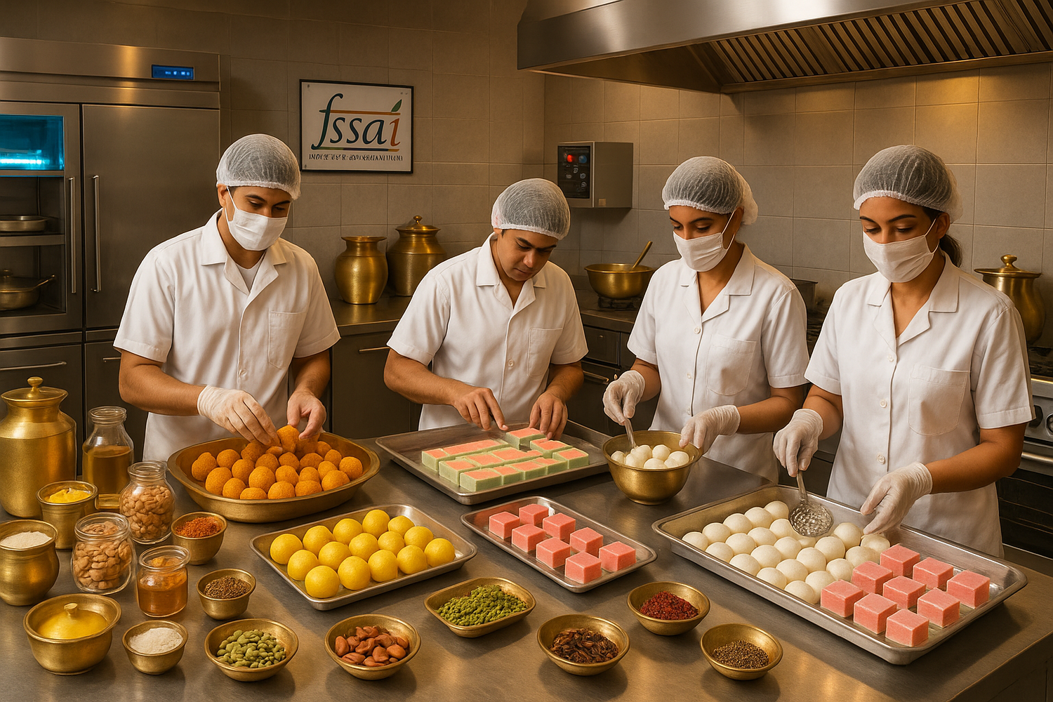 Draw a picture which represents the following theme -Our sweets are crafted in a state-of-the-art kitchen that blends authentic recipes with modern techniques.
• Natural Sweeteners: Carefully balanced for taste, with no bitter aftertaste.
• Quality Ingredients: Premium nuts, pure ghee, and traditional Flavors.
• Hygiene & Safety: Every sweet is prepared in a FSSAI-certified facility.
• Consistency: Same taste, every single bite.
We don’t just make sweets—we engineer happiness you can trust
